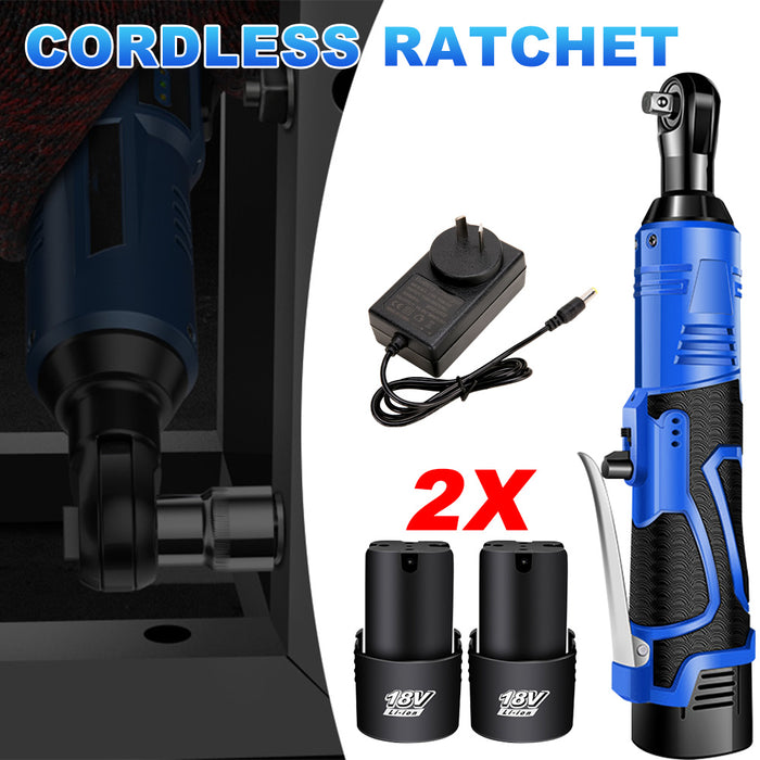 Cordless Electric Ratchet Right Angle Wrench Tool 3/8' 18V 90° 100Nm Two Battery