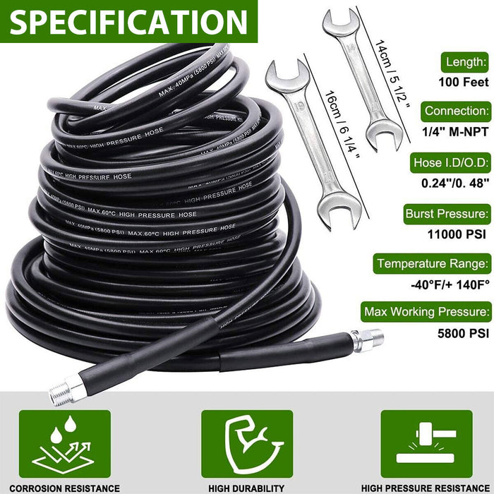 30M 5800PSI Pressure Washer Hose Sewer Jetter Kit 1/4" M-NPT Jetting Drain Pipe