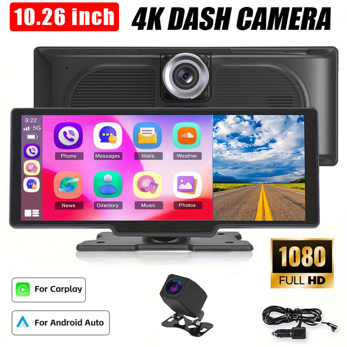 10.26'' 4K Touch Screen Dash Camera Wireless For Car Play Android Auto Record