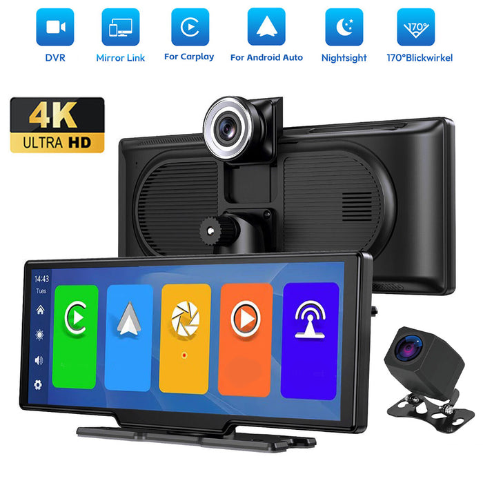 10.26'' 4K Touch Screen Dash Camera Wireless For Car Play Android Auto Record