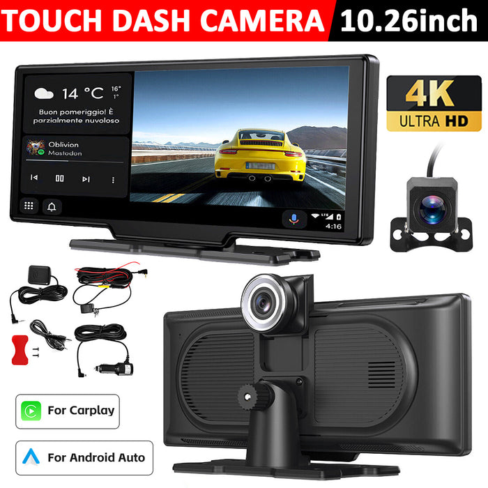 10.26'' 4K Touch Screen Dash Camera Wireless For Car Play Android Auto Record