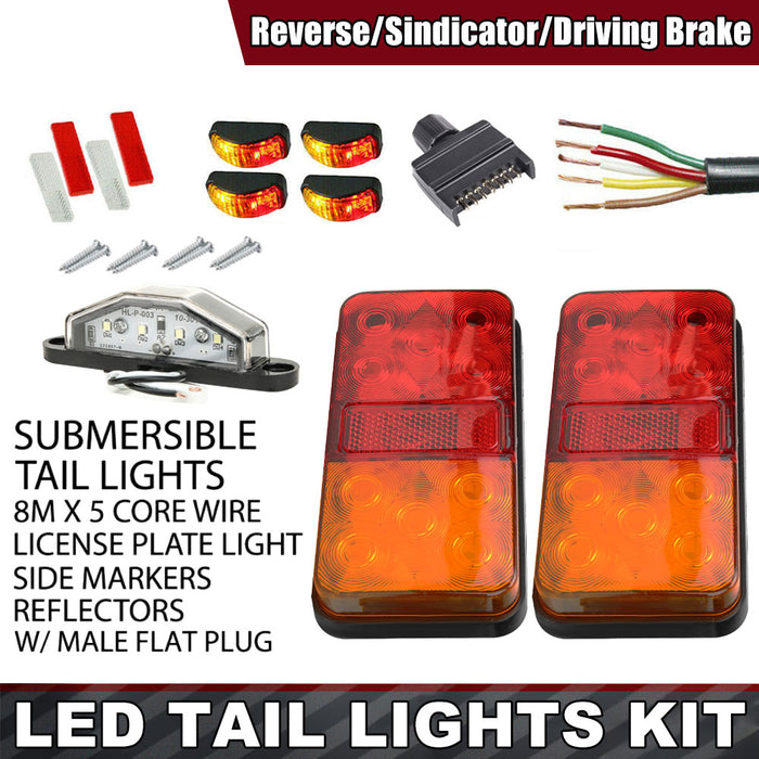 LED Trailer Tail Light Kit Pair Plug 8m 5 Core Wire Caravan Ute 7 Pin Flat Set