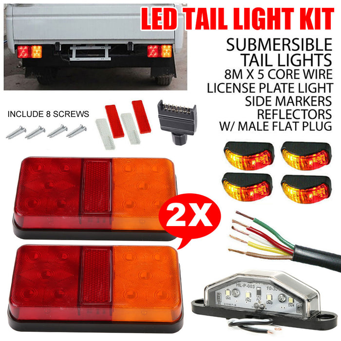 LED Trailer Tail Light Kit Pair Plug 8m 5 Core Wire Caravan Ute 7 Pin Flat Set
