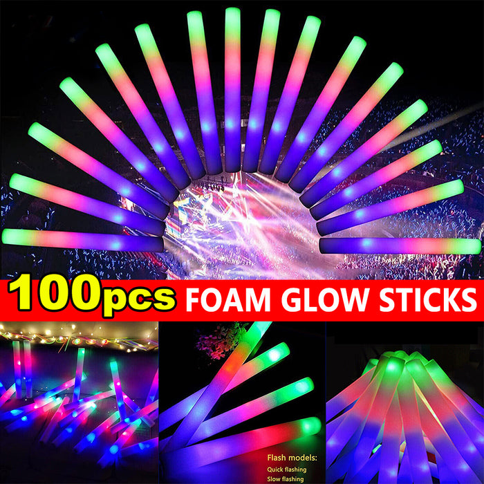 100pcs LED Glow Sticks Light Up Flashing Foam Stick for Concert Wedding Party