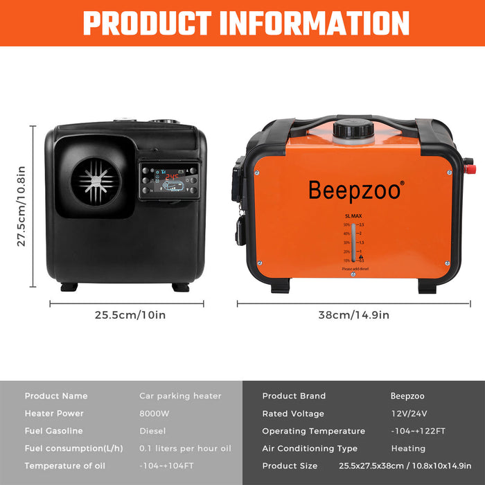 8KW 12V/24V 220-240V Diesel Air Heater w/LCD Bluetooth App for RV Caravan Truck